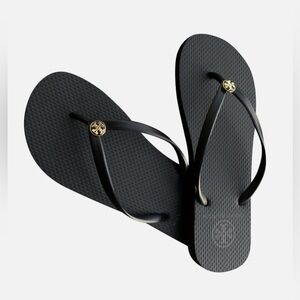 Tory Burch Black Sandals with Gold Monogram Logo, Size 7